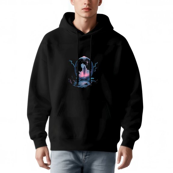 Men's Long Sleeve Hoodie Pullover with Pockets - Mysterious Silhouette in Glowing Portal Design Dark Eerie Landscape