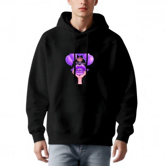 Men's Long Sleeve Hoodie Pullover with Pockets - Vibrant Cartoon Design Purple Hair Character with Balloon ' Thankful ' Cursive Print