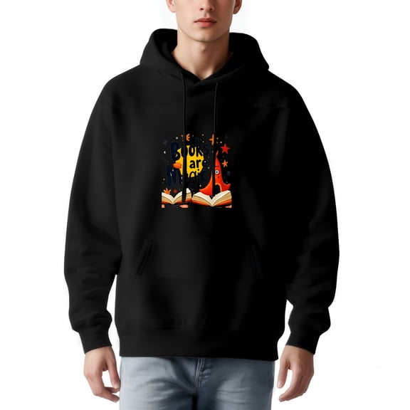 Men's Long Sleeve Hoodie Pullover with Pockets - Whimsical Graphic of Yellow Moon & Castle ' SOUL AT MIDNIGHT ' Design