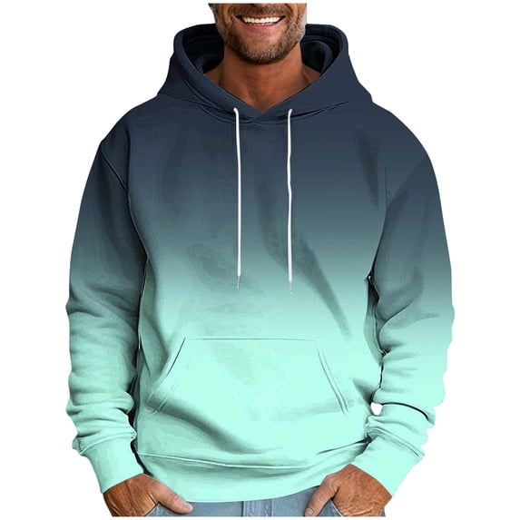 Men's Long Sleeve Hoodie Spring Athletic Drawstring Hooded T-Shirts Casual Jogging Gradient Color Pullover Tops Big & Tall