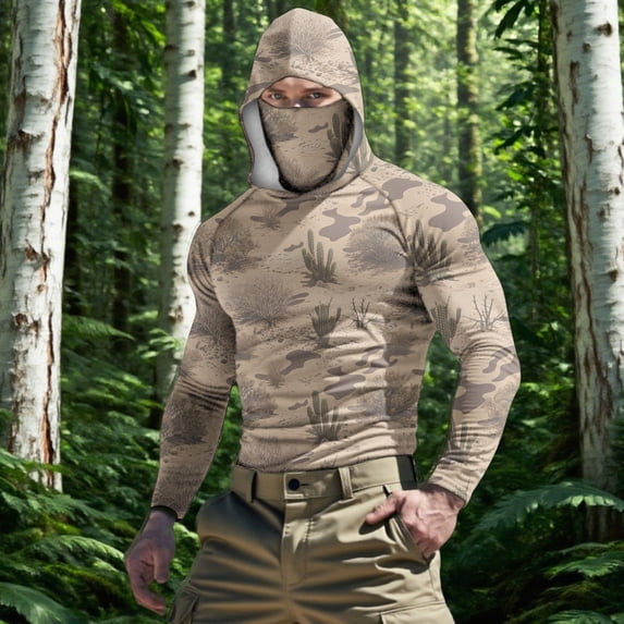 lcziwo Men's Long Sleeve Hoodie with Mask Sun Protection Big and Tall Camo Print Shirt Casual Summer Beach Holiday Tops Camouflage L