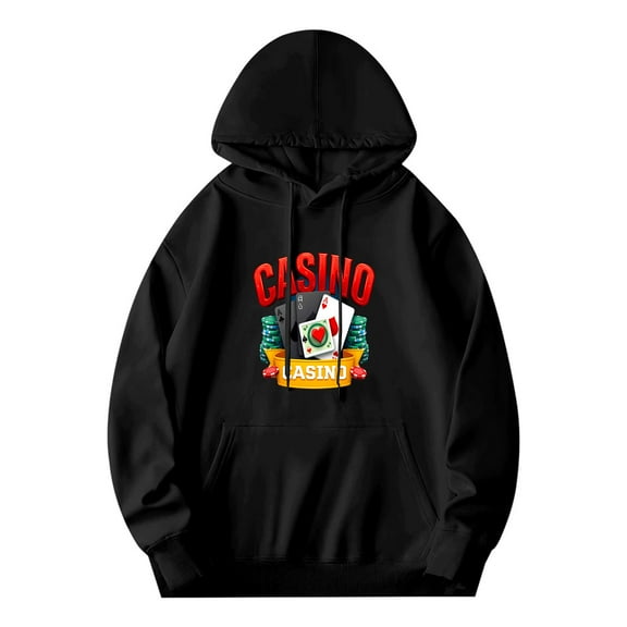 Men's Long Sleeve Hoodie with Zipper Colorful ' CASINO ' Graphic Playing Cards & Banner Pockets Stylish & Fun