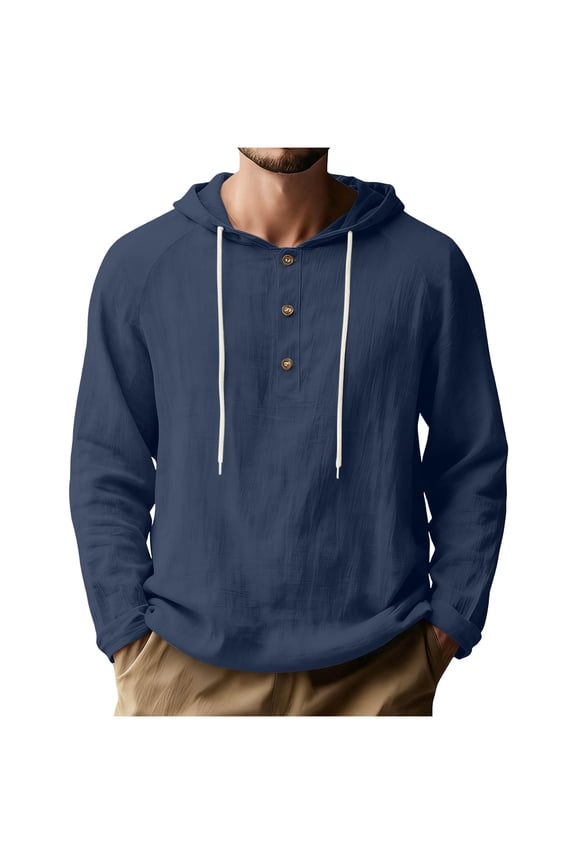 Men's Long Sleeve Hoodies Comfortable & Warm with Full Zip and Button Detail for Casual Fall Winter Wear in Dark Blue, Light Brown, Green, Maroon, White, Light Gray
