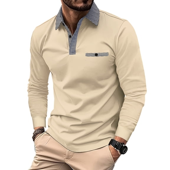 Men's Long Sleeve Houndstooth Lapel Polo Shirt, Casual Business Style with Mock Pocket, Comfortable Fabric, Modern Fit, Versatile Wear, Stylish Look,Beige,L