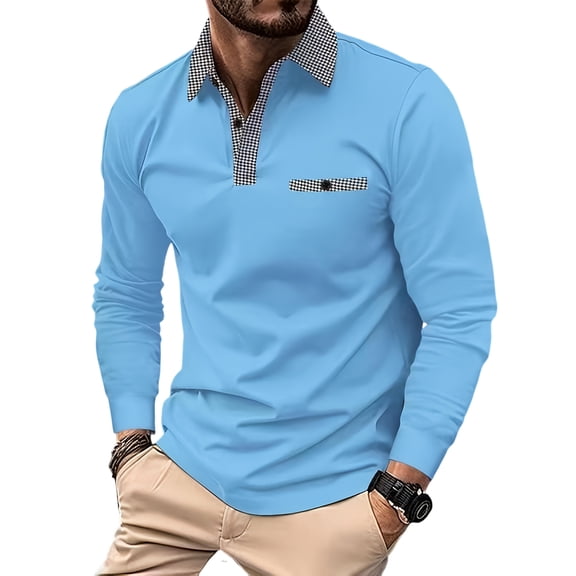 Men's Long Sleeve Houndstooth Lapel Polo Shirt, Casual Business Style with Mock Pocket, Comfortable Fabric, Modern Fit, Versatile Wear, Stylish Look,Blue,M