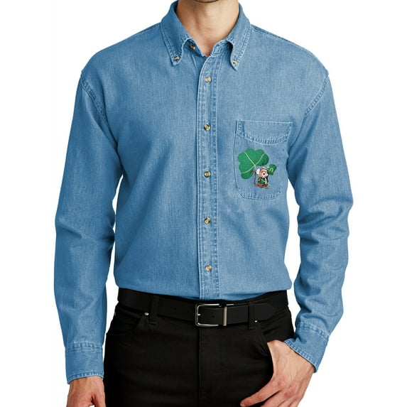 Men's Long Sleeve Irish Mouse Patch Shirt, 4XL Faded Denim
