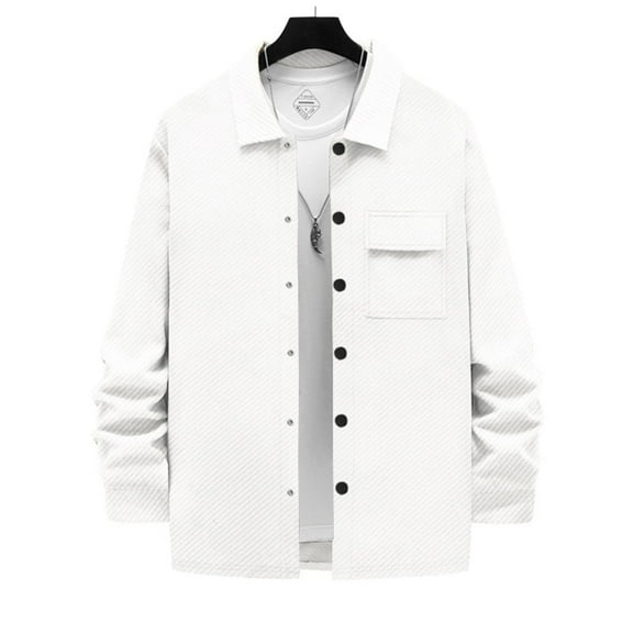 Men's Long Sleeve Jackets Lapel Button down Solid Color Shirt Jacket Casual Stylish No Hooded Outwear with Pocket (L, White)