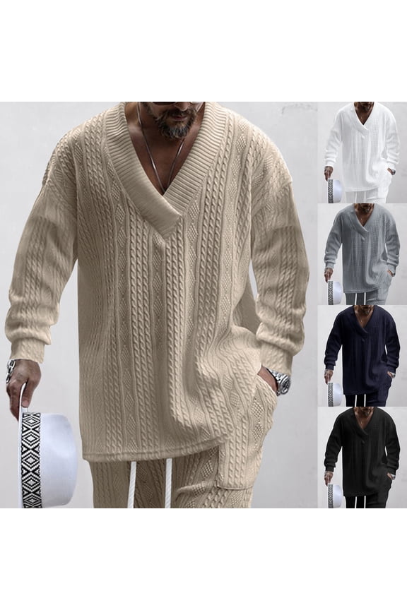 Men's Long Sleeve Jacquard Pattern Loose Knit Solid Color V Neck Sweater, Fall Winter Pullover for Casual Wear, Holiday Events and Comfort,Navy,M