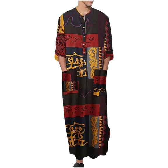 Men's Long Sleeve Kaftan Thobe Robe Side Split Men Thobe with Pockets Casual Thobe Cotton Muslim Shirt