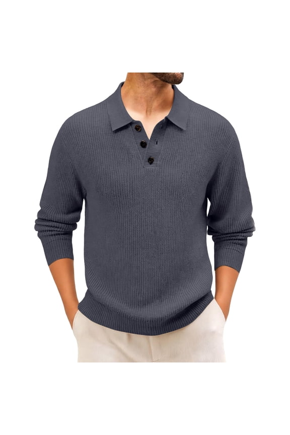 Men's Long Sleeve Knit Polo Sweater Casual Button Collar Pullover Top