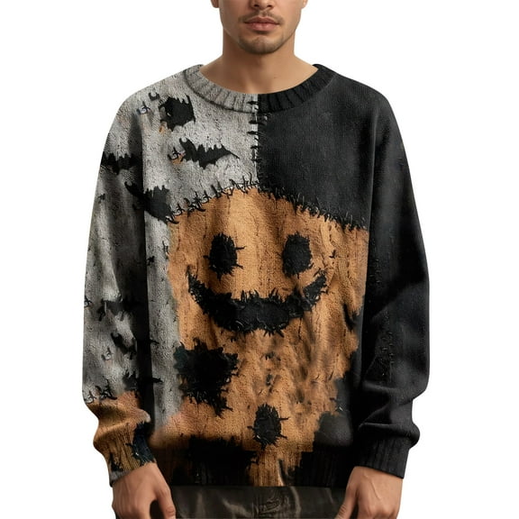Men's Long Sleeve Knitted Pullover Sweater Featuring Artistic Cat Design and Comfortable Crew Neck for Casual Wear