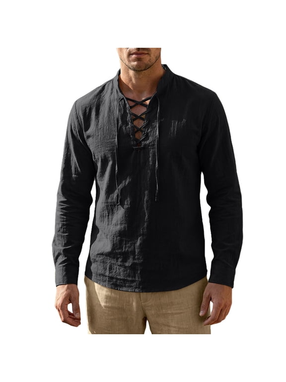 Men's Long Sleeve Lace Up Shirt Cotton Linen Blend Casual Tie Neck Top Relaxed Fit Lightweight Breathable Bohemian Hippie Style for Vacation Beach Travel Summer Spring Fashion Black XXXL