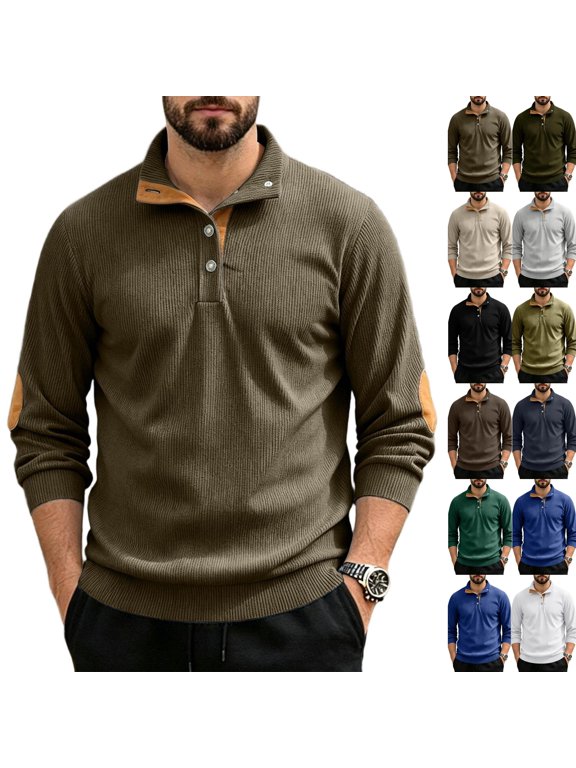 Men's Long Sleeve Lapel Button Polo Shirt, Casual Elbow Patch Decor Pullover Top, Loose Fit Soft Breathable Blouse, Everyday Business Outdoor TravelTop for Daily Wear Army Green M