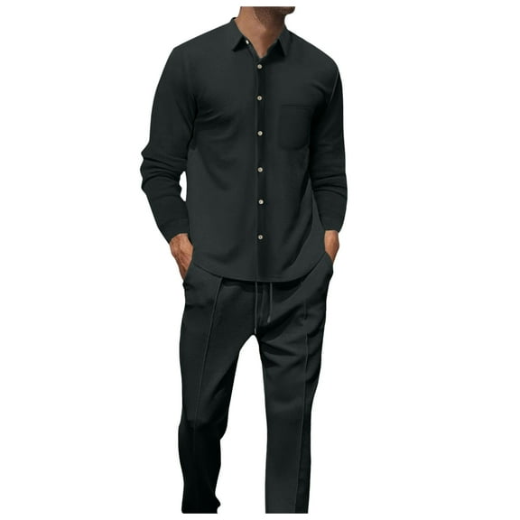 Men's Long Sleeve Lapel Shirt Casual Solid Holiday Cardigan Shirts Tops Pants Outfits