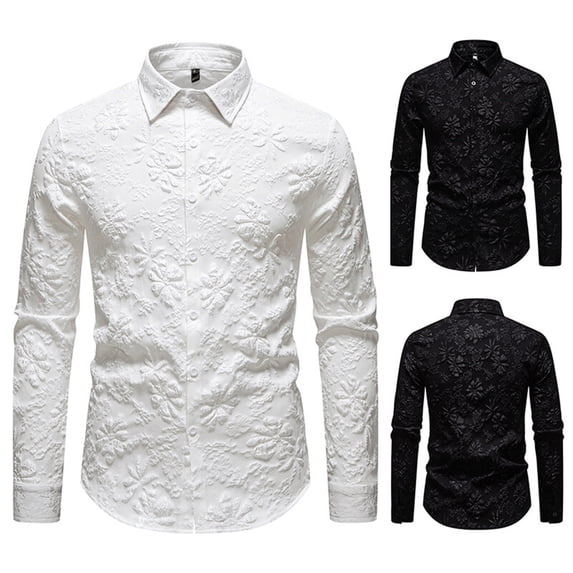 Men’s Long Sleeve Lapel Shirt Embossed Slim Fit Casual Fashion Button Down
