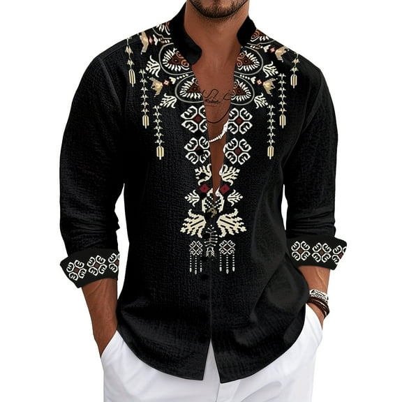 Men's Long Sleeve Linen Shirt Band Collar Button Down Shirts Oxford Dress Shirt Black M