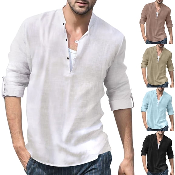 Men's Long Sleeve Linen Shirt Casual Plaid Front Button Down for Spring Fall Fashion Wear,Brown,2XL