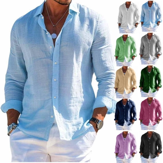 Men's Long Sleeve Linen Shirt Turn Down Collar Business Casual Regular Fit for Spring Fall Office Wear,Light Blue,L