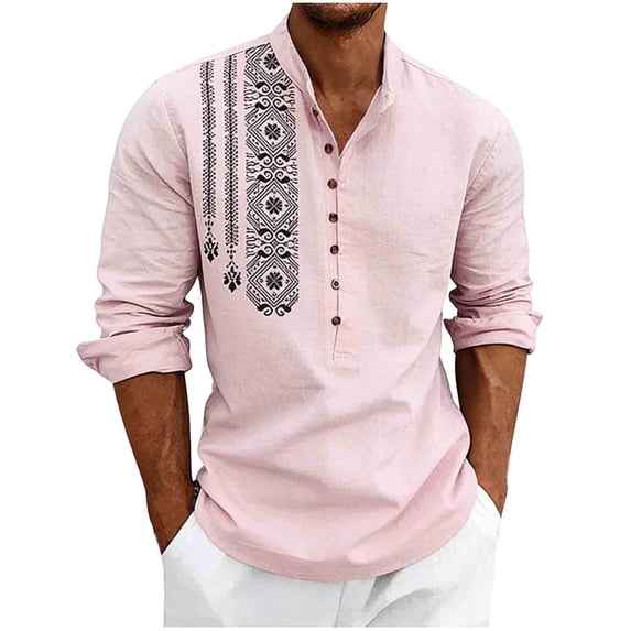 Men's Long Sleeve Linen Shirts Ethnic Bohemian Printed Fashionable Casual Loose Shirt Button Stand Up Collar Henley Tops for Daily Wear