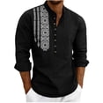 thumbnail image 1 of Men's Long Sleeve Linen Shirts Ethnic Bohemian Printed Fashionable Casual Loose Shirt Button Stand Up Collar Henley Tops for Daily Wear, 1 of 7
