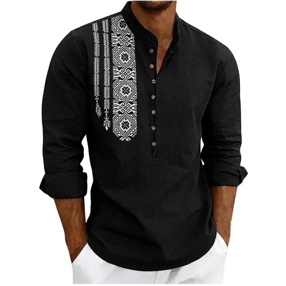 Men's Long Sleeve Linen Shirts Ethnic Bohemian Printed Fashionable Casual Loose Shirt Button Stand Up Collar Henley Tops for Daily Wear