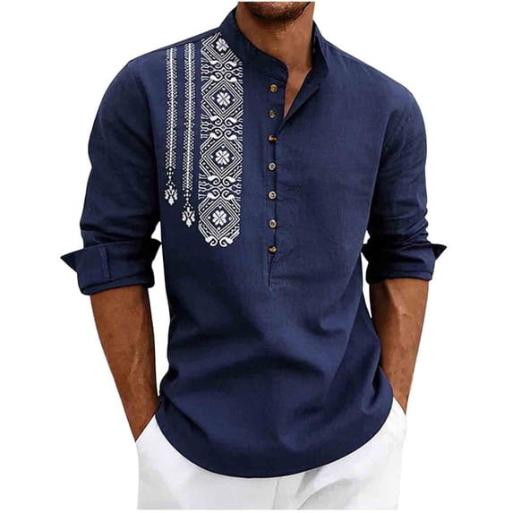 Men's Long Sleeve Linen Shirts Ethnic Bohemian Printed Fashionable Casual Loose Shirt Button Stand Up Collar Henley Tops for Daily Wear