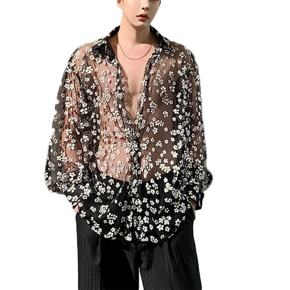 Men's Long Sleeve Mesh See Through Casual Party Night Club Fancy Dress Shirt