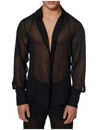 Men's Black Summer Mesh See-through Tops Shirts Long Sleeve Sheer Shirts