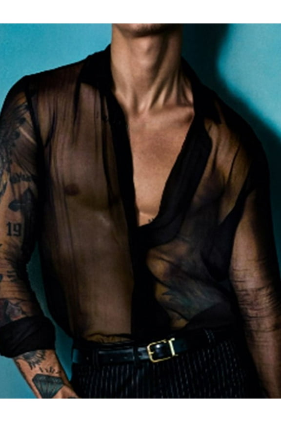 Men's Long Sleeve Nightclub Mesh Sheer Party Shirt