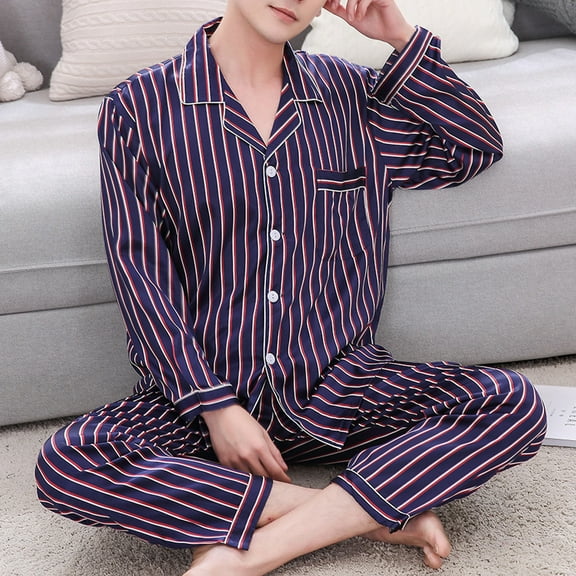 Men's Long Sleeve Pajamas Set Casual Spring Stripe Printing Comfortable Home Wear Polyester​​