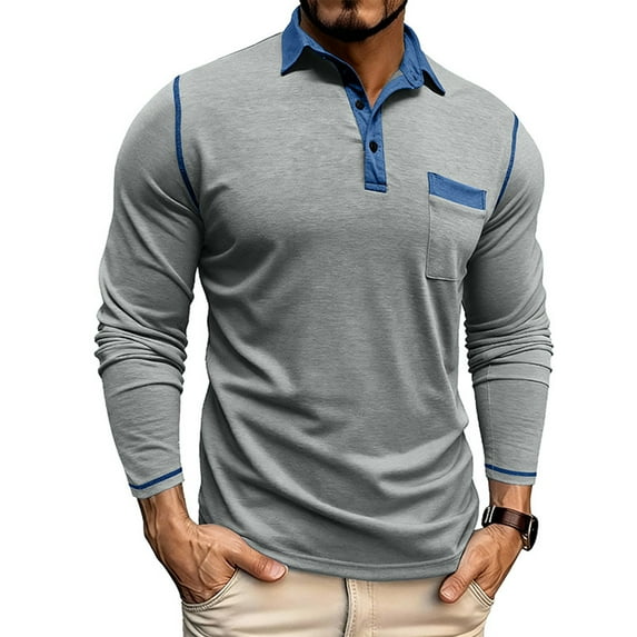 Men's Long Sleeve Patchwork T-Shirt with Slim Fit and Turn-Down Collar, Sporty Casual Top for Active Wear, Training, and Daily Use,Light Gray,L