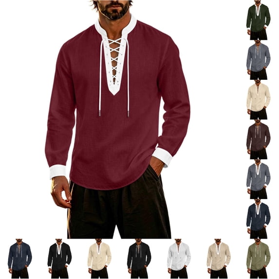 Men’s Long Sleeve Pirate Shirt Medieval Top Pirate Costume Halloween Cosplay Mens Halloween Costume, Size S