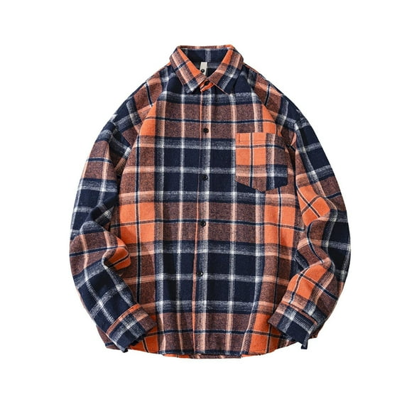 Men's Long Sleeve Plaid Baggy Shirt Jacket Knit Casual Button Down Fashion Shirts Loose Vintage Blouses with Pockets (2XL, Orange)