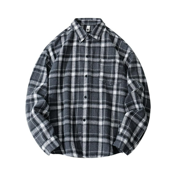 Men's Long Sleeve Plaid Baggy Shirt Jacket Knit Casual Button Down Fashion Shirts Loose Vintage Blouses with Pockets (5XL, Dark Gray)