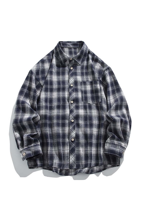 Men's Long Sleeve Plaid Casual Button Down Shirt | Polyamide Stretch Leisure Top Turn Down Collar Daily Work Office Outfits Travel Vacation Gift For Him | JASKFLY,Navy XL
