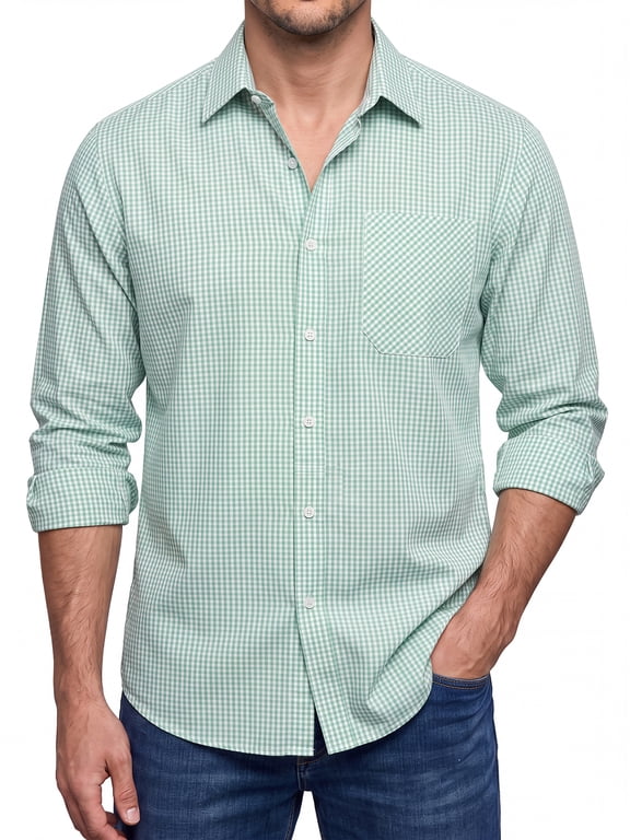 Men's Dress Shirts Mint Green Gingham Long Sleeve Button Down Shirts with Pocket for Casual 2XL