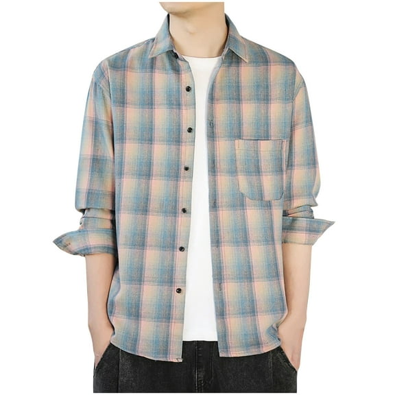 Men's Long Sleeve Plaid Shirt Loose Fit Button Down Lapel Casual Blouse Light Jacket Purple XL
