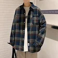 Men's Long Sleeve Plaid Shirt Loose-fit Hong Kong Style Japanese Collar Ins Autumn Korean Trendy Jacket (XXL,C324 Blue)
