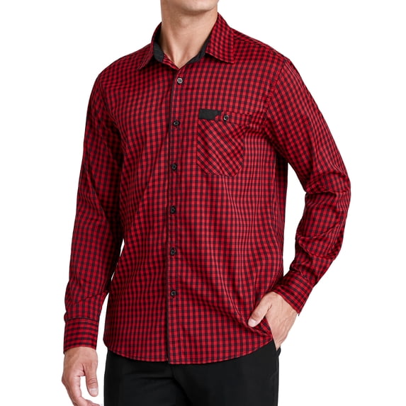 Men's Plaid Long Sleeve Shirts Casual Button Down Shirt Wrinkle Free Casual Bussiness Red Shirt M