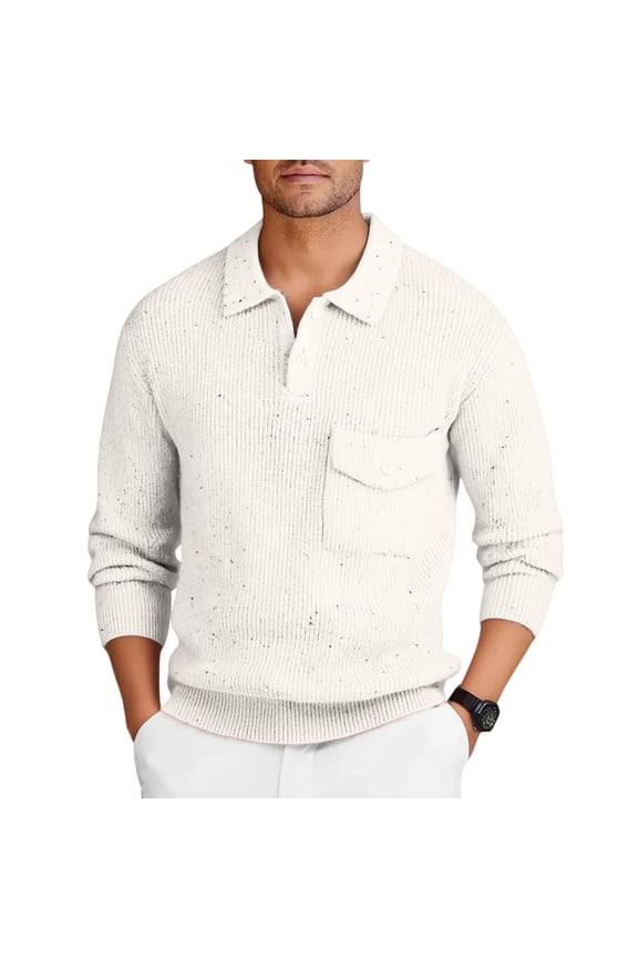 Men's Long Sleeve Polo Collar Knit Sweater Button Placket Pocket Casual Pullover