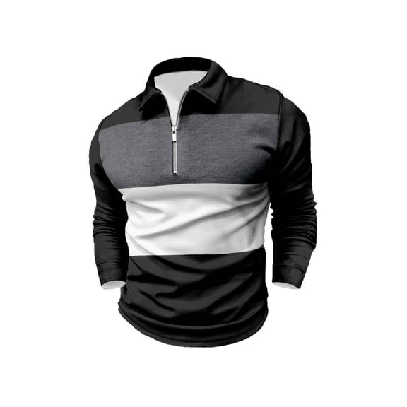 Men's Long Sleeve Polo Shirt Blouse Work Top Zip Up Soft Lightweight Tops Black,White 3XL