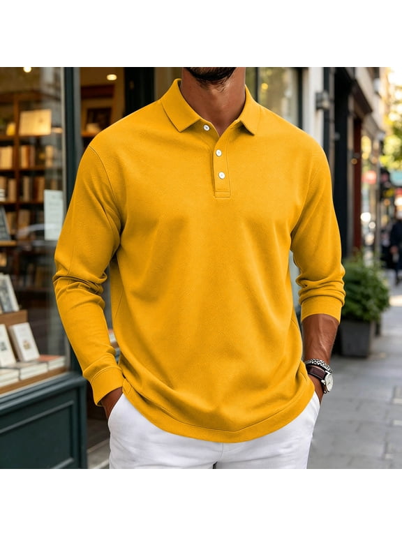 Men's Long Sleeve Polo Shirt, Classic Lapel 3 Button Solid Color Casual Pullover, Lightweight Business Daily Golf Top Yellow 3XL
