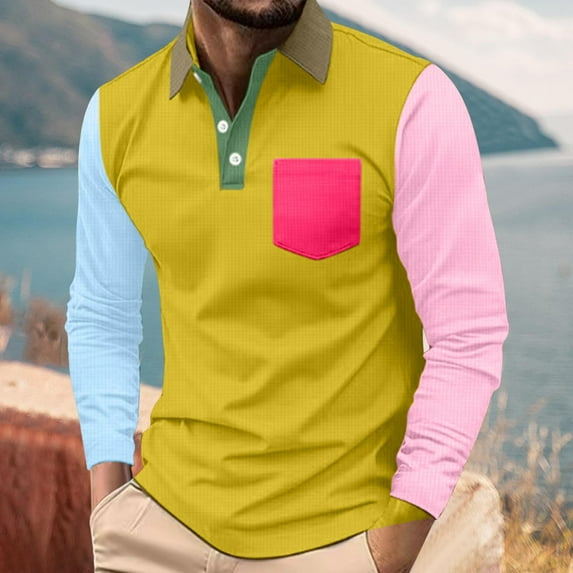 Men's Button Shirt Long Sleeve Color Block Shirt Two-Tone Sleeve Raglan Classic Golf Tops Business Casual T Shirt with Pocket