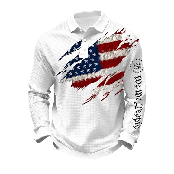 Men's Long Sleeve Polo Shirt Lapel 250th USA Anniversary American Flag & Statue of Liberty Graphic Button Patriotic Tshirt