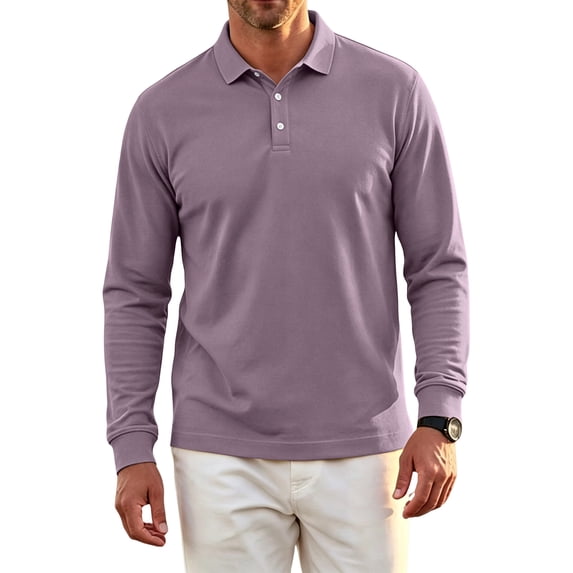 Men's Long Sleeve Polo Shirt Stretchy Button Collar Breathable Golf Shirt Office Casual Wear