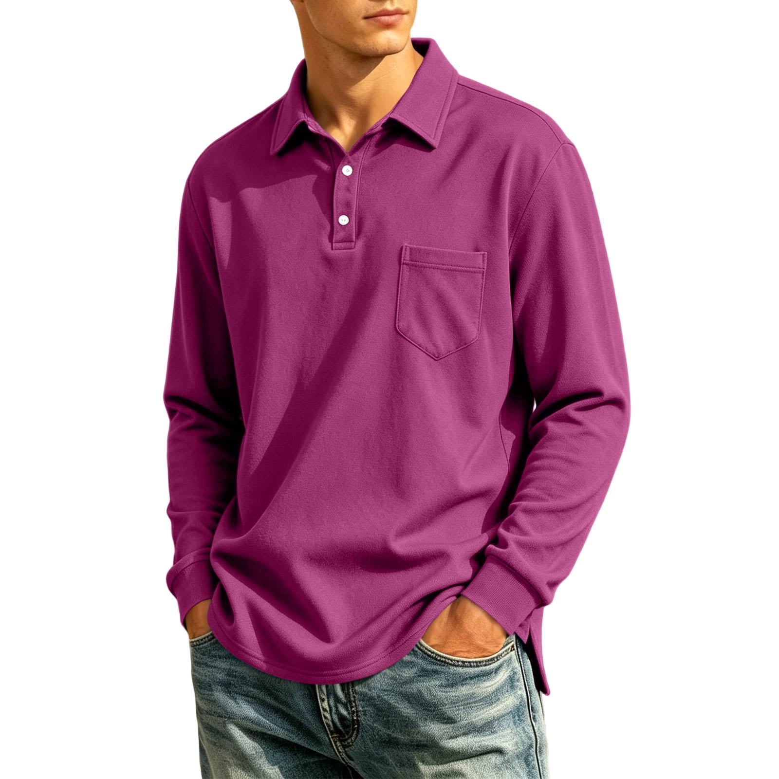 Large Turn Button Men's Long Sleeve Polo Shirt Turn-Down Collar 2-Button Placket Chest ...