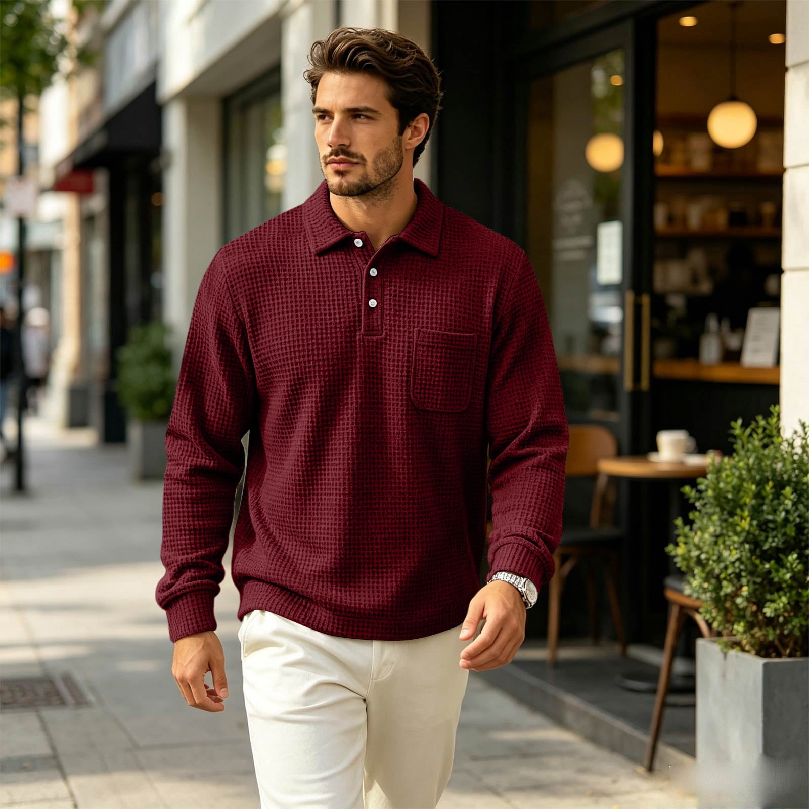 Men's Long Sleeve Polo Shirt Waffle Textured Casual Pullover with ...
