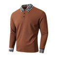 thumbnail image 1 of Men's Long Sleeve Polo Shirt with Plaid Collar and Cuffs, Casual Slim Fit, Soft Cotton Blend, Red, All Sizes, 1 of 3