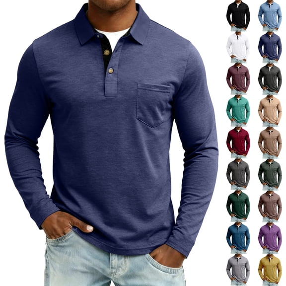 Men's Long Sleeve Polo Shirts Casual Button T-Shirts with Pocket Basic Lightweight Collared Golf Shirt Blue L