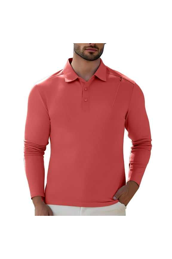 Men's Long Sleeve Polo Shirts Solid Color Lapel Button Open Collar Sports Base Shirt For Men Casual Loose Comfortable Business Shirt Tops Golf Shirts For Men